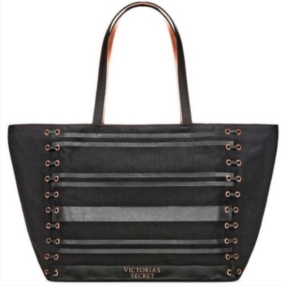 Victoria's Secret Shoulder Tote Bag Black and Rose Gold Accent Design